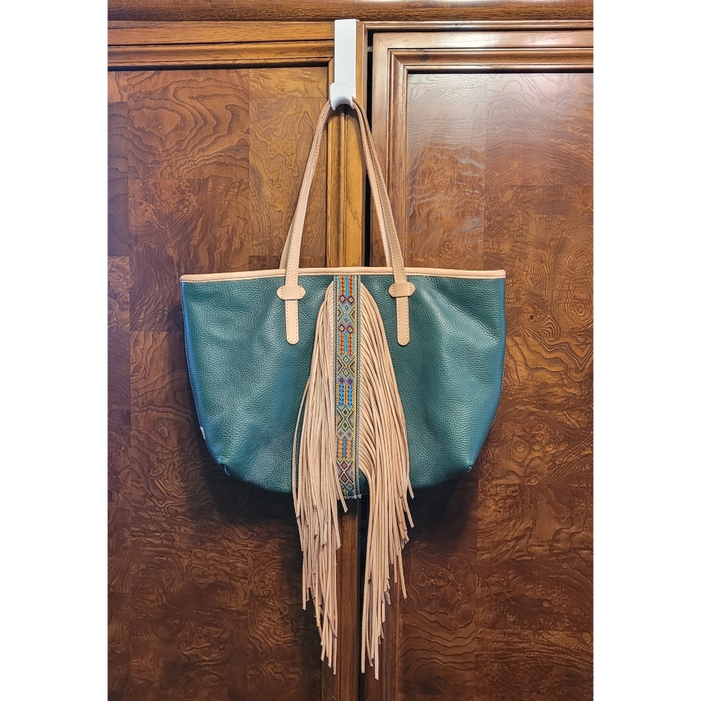 Consuela Wilder Breezy Leather Tote Bag Southwestern Woven Fringed Accents